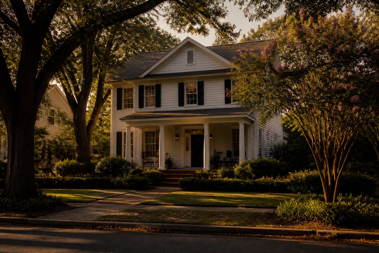 Invented white two-story house — not a listing